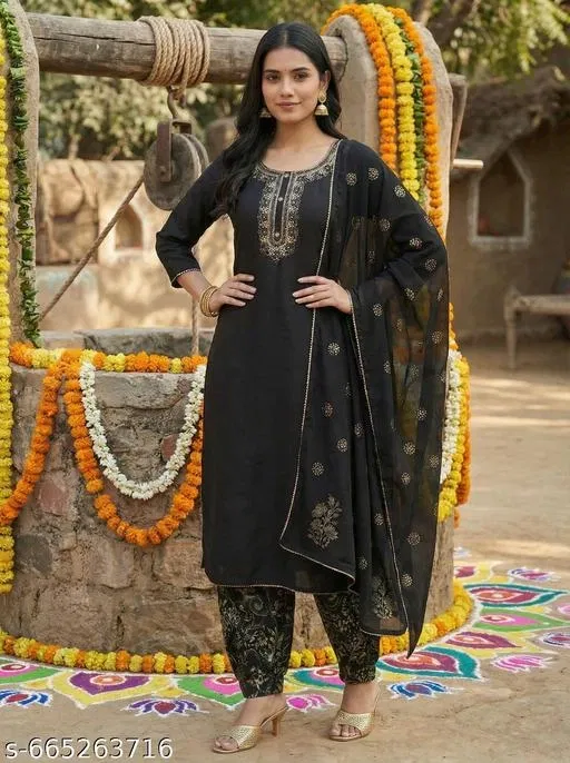 Acrylic Kurta Set for Women (Black, XXXL)