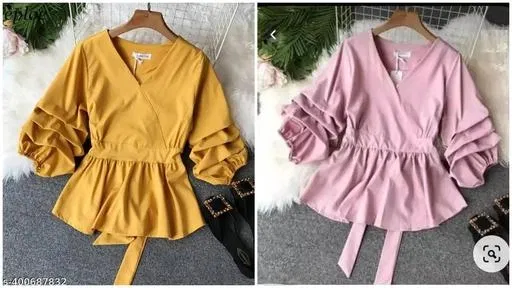 Polycotton Solid Top for Women, Yellow & Pink, Pack of 2 (S)