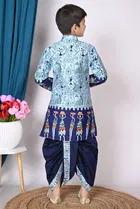 Dupion Silk Printed Kurta with Dhoti for Boys, Blue 
