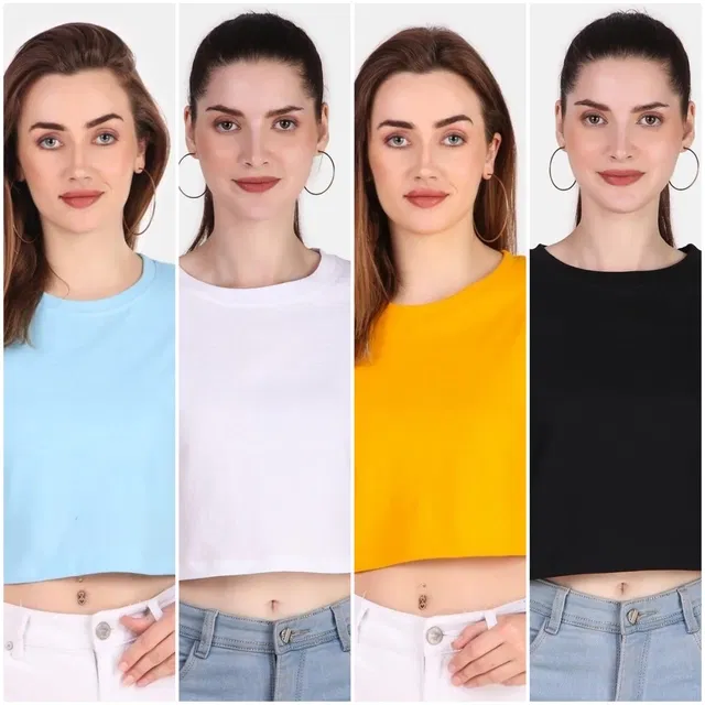 Round Neck Solid T-Shirts for Women (Multicolor, M) (Pack of 4)