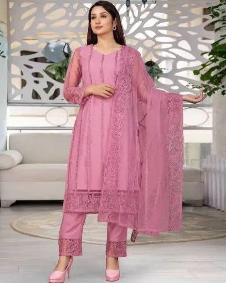 Net Solid Kurta Set with Dupatta for Women (Pink, M)