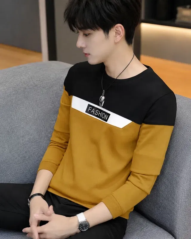 Crew Neck Cotton T-shirts for Men (Yellow & Black, M)