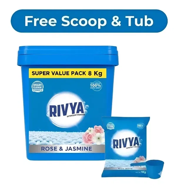 रिव्या रोज & जैस्मिन डिटर्जेंट पाउडर 8Kg (फ्री टब & स्कूप)