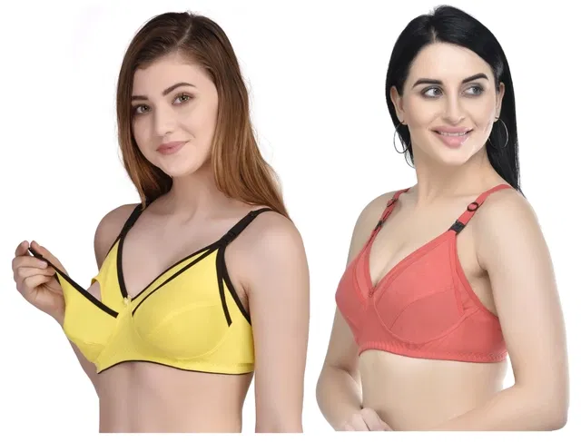 Cotton Blen Solid Non Padded Feeding Bras for Women (Multicolor, 40) (Pack of 2)