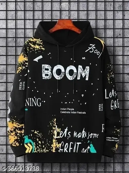All Over Printed Fleece Hoodie for Men, Black (XL)