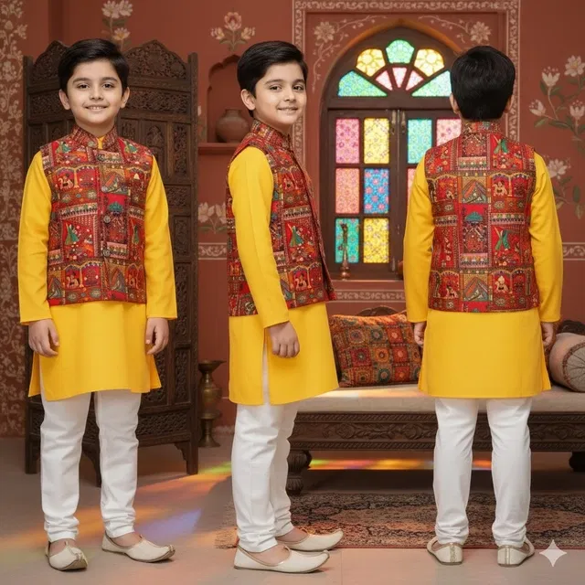 Cotton Blend Printed Kurta with Payjama for Boys, Yellow & White (1-2 Years)