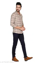 Cotton Blend Checked Shirt for Men, Cream 