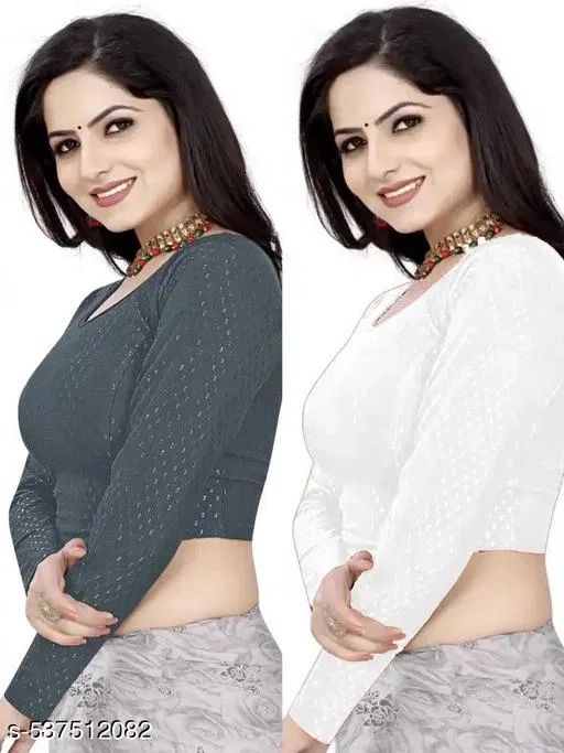Lycra Ready Made Blouse for Women, Green & White , Pack of 2 (28)