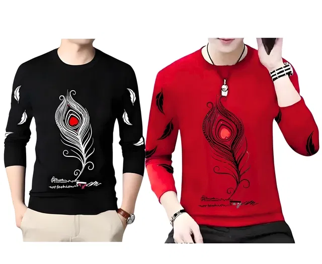 Round Neck Printed T-Shirt for Men (Black & Red, L) (Pack of 2)
