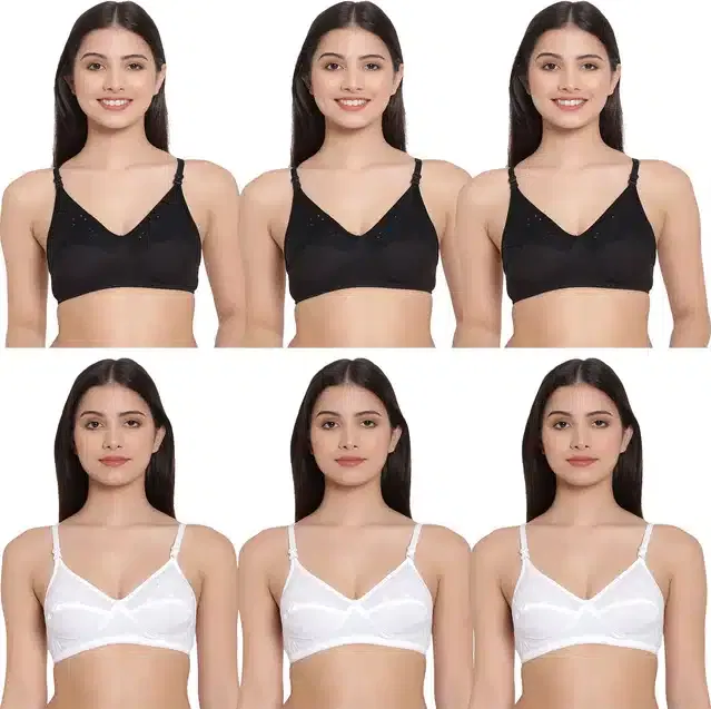 Cotton Blend Non Padded Bra for Women (Black & White, 32A) (Pack of 6)
