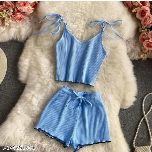 Cotton Casual Wear Top & Bottom Sets for Women (Aqua Blue, XL)