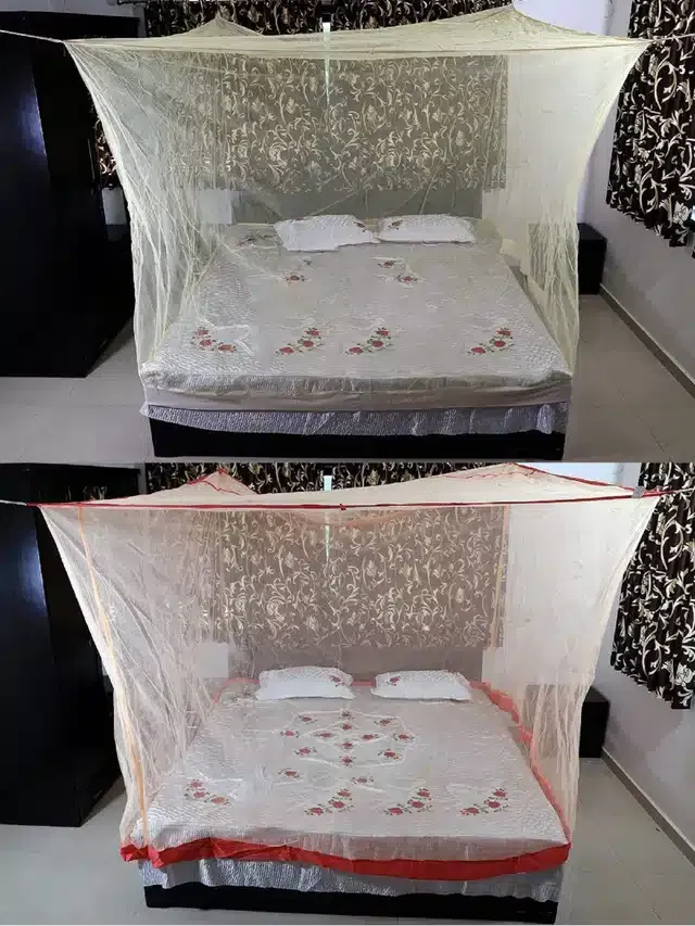 Polyester Double Bed Mosquito Net (Pack of 2) (Yellow & Red, 6x6 feet)