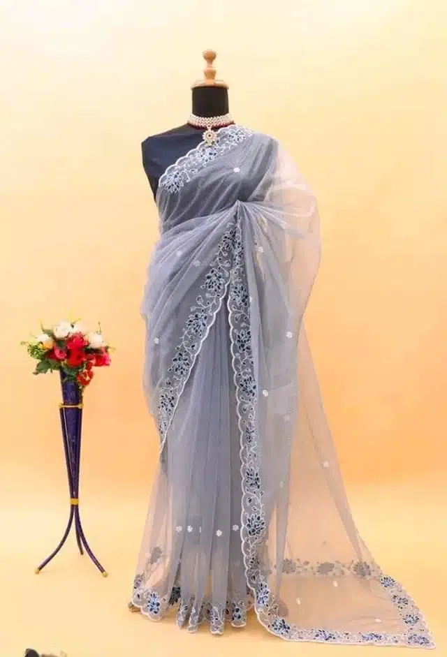 Organza Embroidered Saree for Women (Grey, 6.3 m)