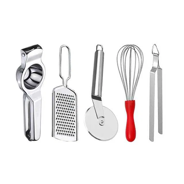 Oc9 Stainless Steel Lemon Squeezer & Cheese Grater & Pizza Cutter & Egg Whisk & Roti Chimta Kitchen Tool Set (O-101)