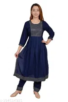 Rayon Embellished Kurti with Pant for Women (Blue, S)