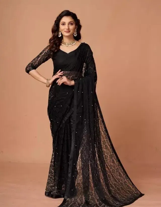Net Solid Saree for Women (Black, 6.3 m)