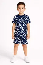 Cotton Geometric Print Clothing Set for Boys, Navy Blue 
