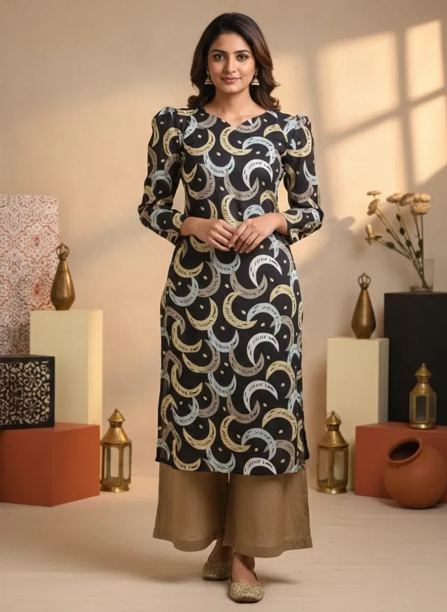 Floral Align straight kurti for Women (Black, L)