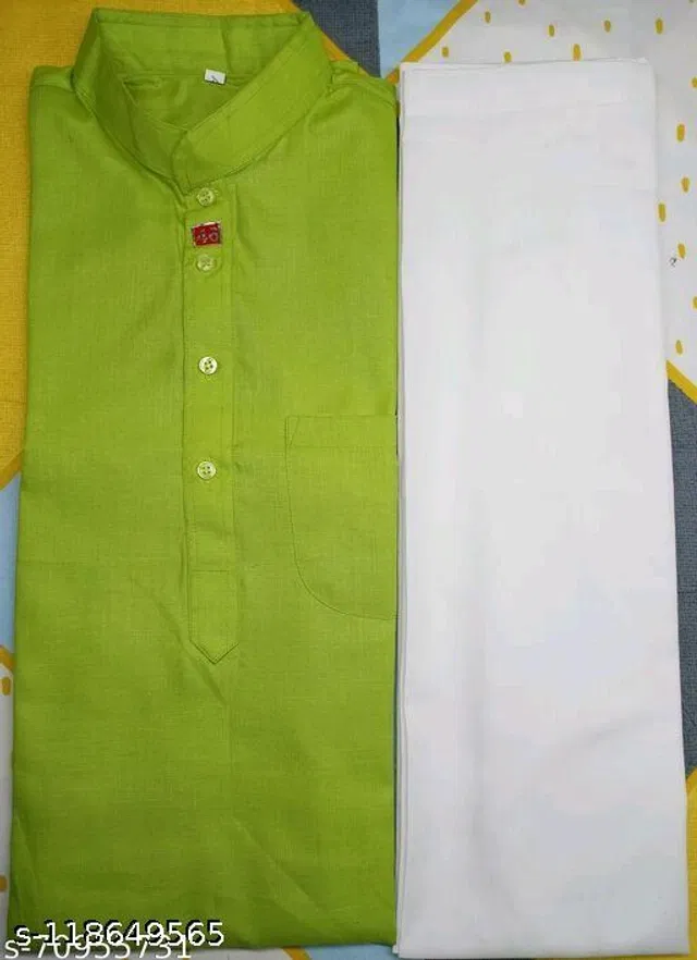 Cotton Solid Kurta with Pyjama for Men (Green & White, M)