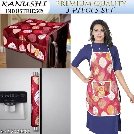 KANUSHI Industries® 1Pc Fridge Cover for Top with 6 Utility Pockets + 1 Pc Apron + 1Pc Fridge Handle Cover (RK-FRI+APRON+1-HANDLE-MAROON-LONG-LEVS)
