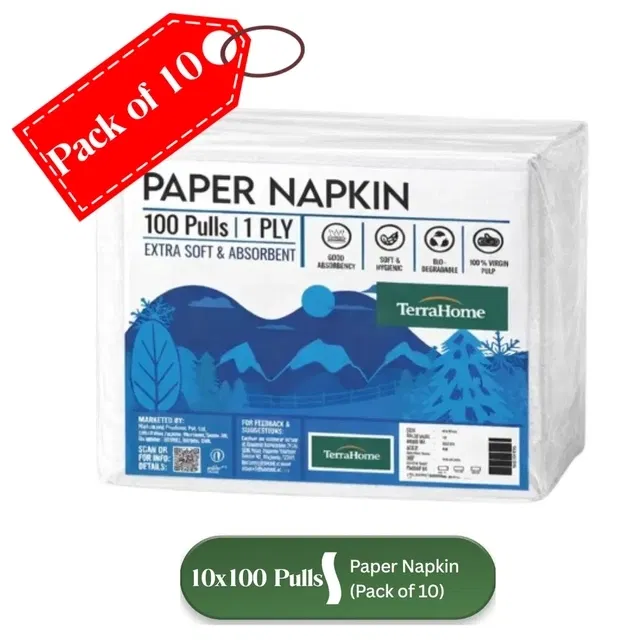 TerraHome Large Tissue Paper Napkins, 1 Ply, 27x30cm [10x100 Pieces] (Pack of 10)
