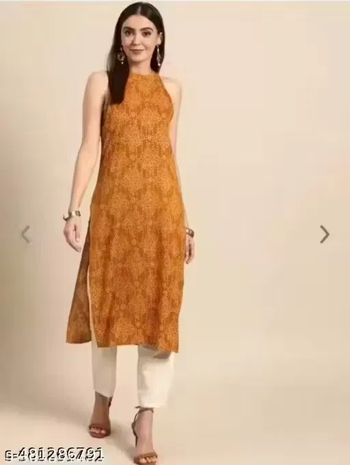 Women Rayon Printed Sleeveless Kurti (Mustard Yellow) (XL)