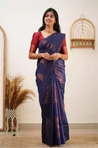 Litchi Silk Zari Woven Saree for Women, Navy Blue 