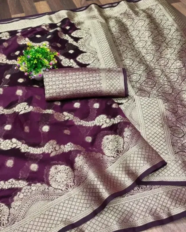 Organza Zari Woven Saree for Women (Wine, 6.3 m)