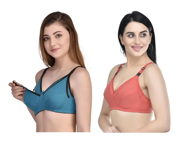 Cotton Blend Solid Non Padded Feeding Bras for Women (Multicolor, 34) (Pack of 2)