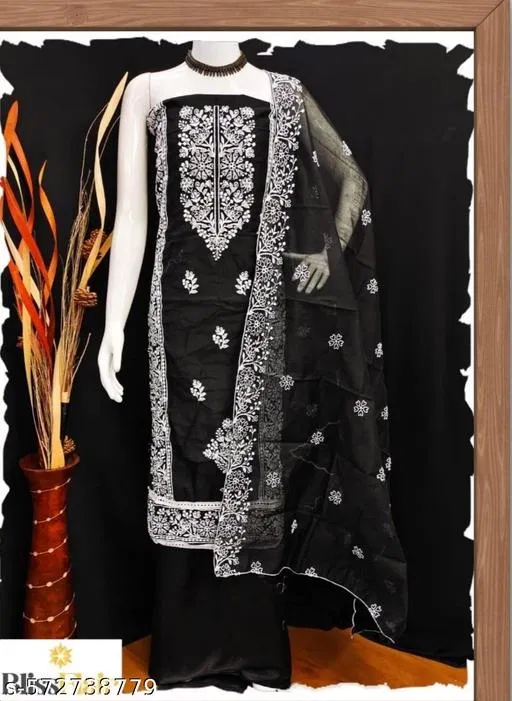 Embroidered Floral Patiala Suits for Women (Black, Un Stitched)