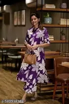 Floral Print Cotton Blend Kurta with Pant for Women, Purple 