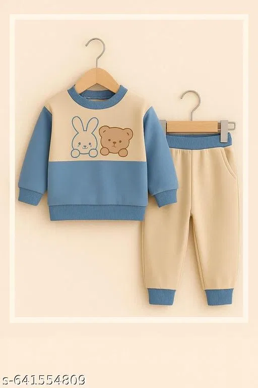 Hosiery Cotton Printed Clothing Set for Kids, Blue & Beige (0-3 Months)