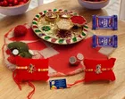 Combo of 2 Pcs Rakhi, 4.5 inch Plate, Greeting Card, Roli Chawal & 2 Pcs Chocolate 