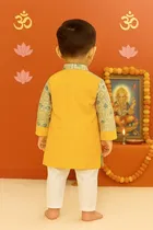 Cotton Printed Kurta with Payjama for Boys, Yellow & White 