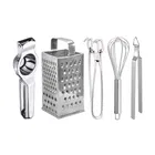 Oc9 Stainless Steel Lemon Squeezer & 4 in 1 Grater Or Slicer & Utility Pakkad & Egg Whisk & Roti Chimta Kitchen Tool Set 