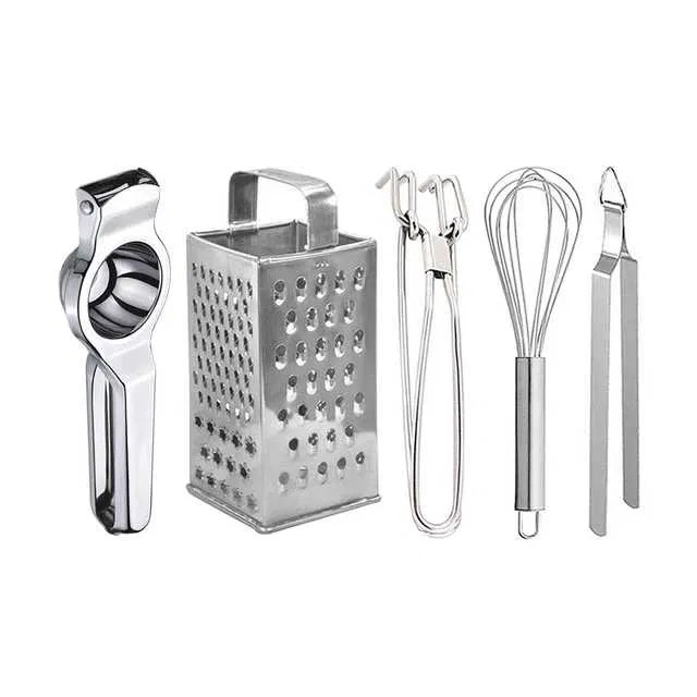 Oc9 Stainless Steel Lemon Squeezer & 4 in 1 Grater Or Slicer & Utility Pakkad & Egg Whisk & Roti Chimta Kitchen Tool Set (O-105)