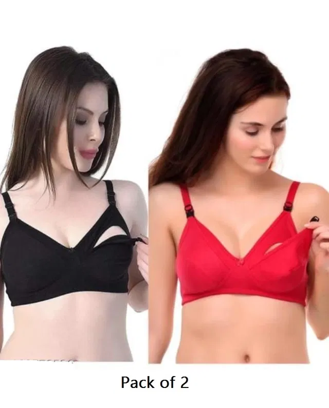 Cotton Blen Solid Non Padded Feeding Bras for Women (Multicolor, 34) (Pack of 2)