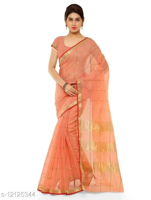 Kota Doria Cotton Saree for Women (Orange)