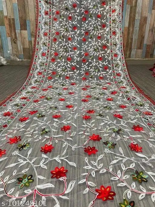 Embroidered Punjabi Net Floral Sewing & Embroidery (White, Free Size)