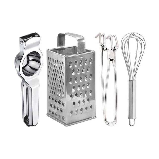 Oc9 Stainless Steel Lemon Squeezer & 4 in 1 Grater Or Slicer & Utility Pakkad & Egg Whisk Kitchen Tool Set (O-86)