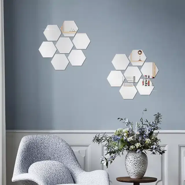 Acrylic Hexagon Shaped Wall Mirror Stickers (Silver, Pack of 14)
