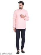 Cotton Blend Solid Short Kurta for Men (Pink, S)