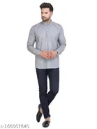 Cotton Blend Solid Short Kurta for Men (Grey, S)