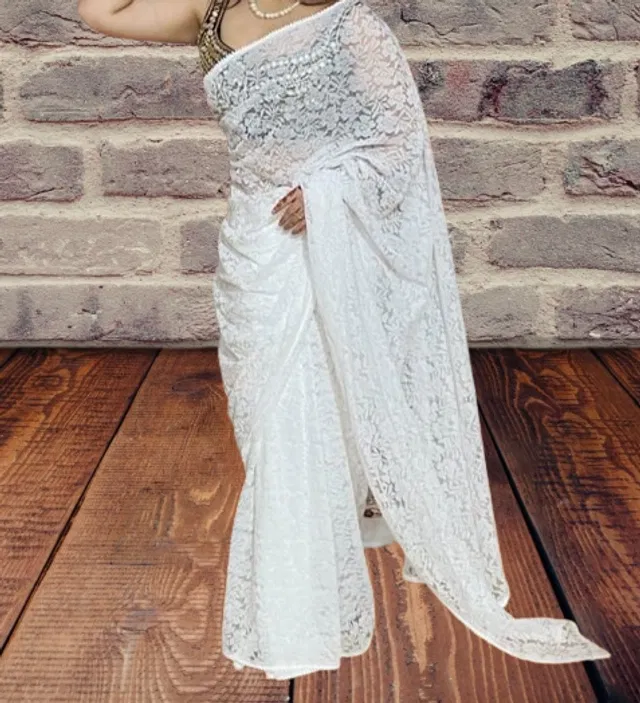 Net Floral Saree for Women (White , 6.3 m)