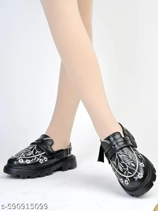 Printed Shoetopia Synthetic Loafers for Women (Black, IND-4)