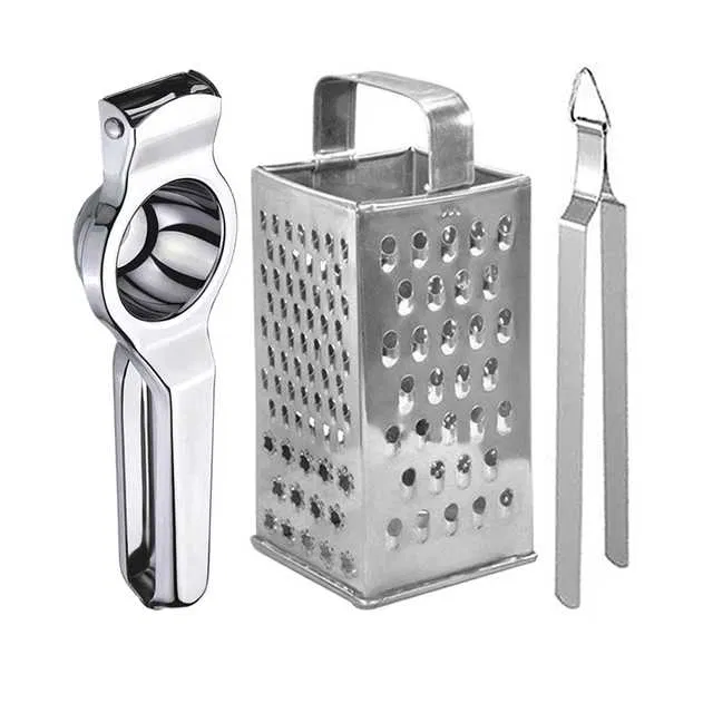 Oc9 Stainless Steel Lemon Squeezer & 4 in 1 Grater Slicer & Roti Chimta Kitchen Tool Set (O-25)