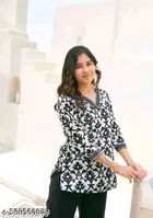Rayon Printed Short Kurti for Women, White 