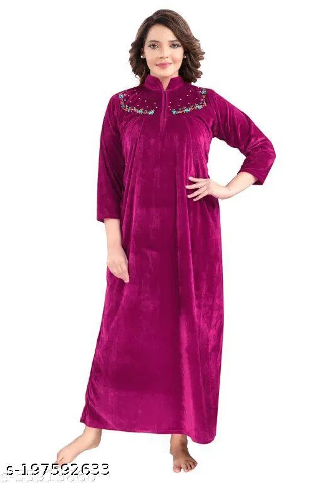 Velvet Nightdress Set for Women (Purple, Free Size)