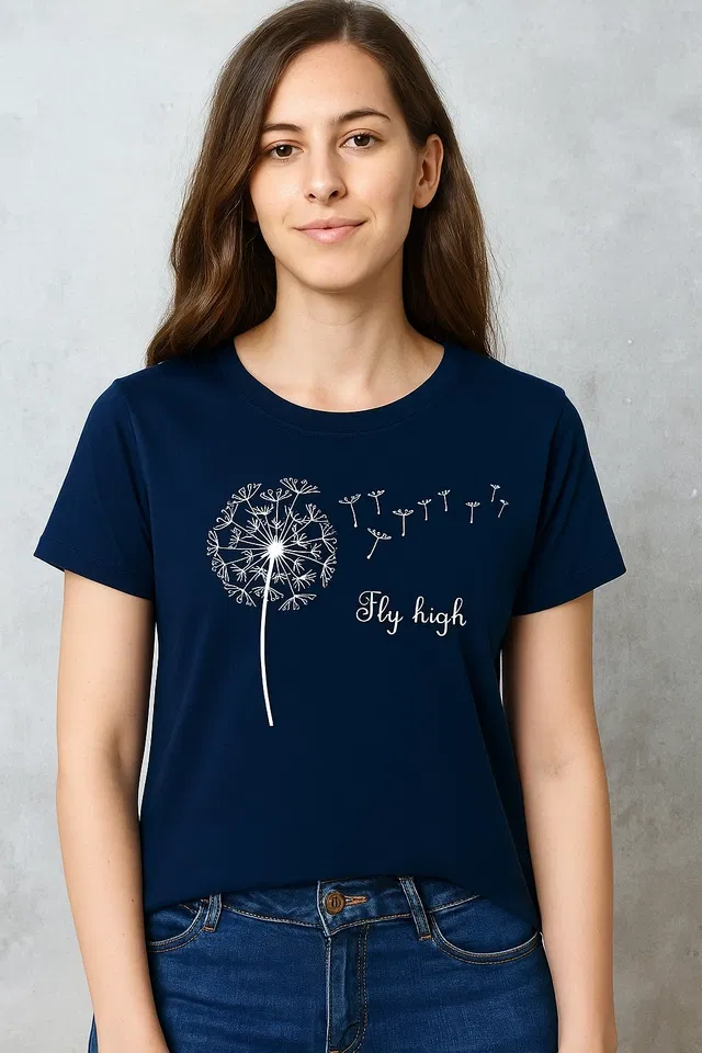 Cotton Blend Printed T-Shirt for Women (Blue, L)
