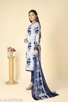Floral Print Cotton Blend Unstitched Suit Fabric for Women, White & Blue